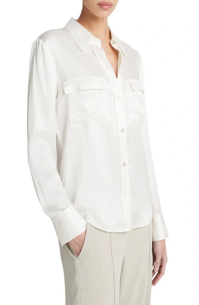 Shop Vince Chest Pocket Satin Shirt In Off White