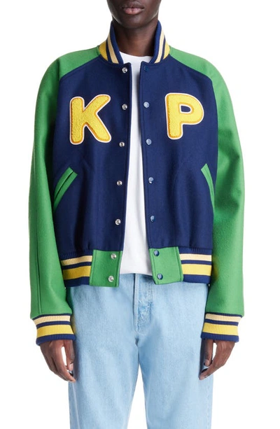 Shop Kenzo Colorblock Wool Blend Varsity Jacket In Midnight Blue