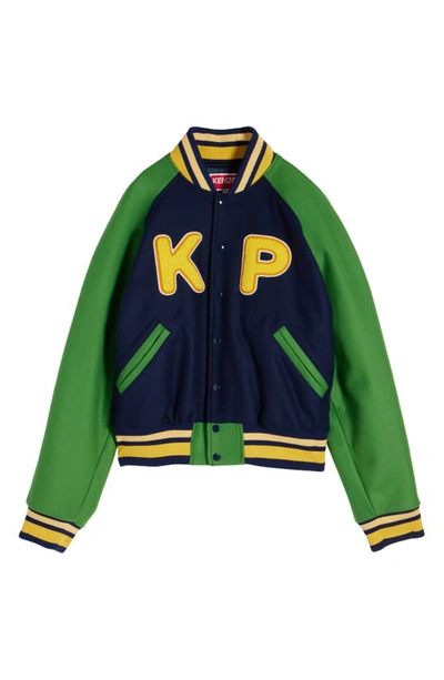 Shop Kenzo Colorblock Wool Blend Varsity Jacket In Midnight Blue