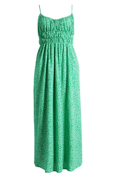 Shop Charles Henry Floral Print Shirred Linen Blend Midi Dress In Green Ditsy