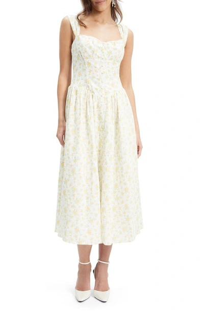 Shop Bardot Malea Floral Print Sleeveless Linen Blend Midi Dress In Yellow Floral