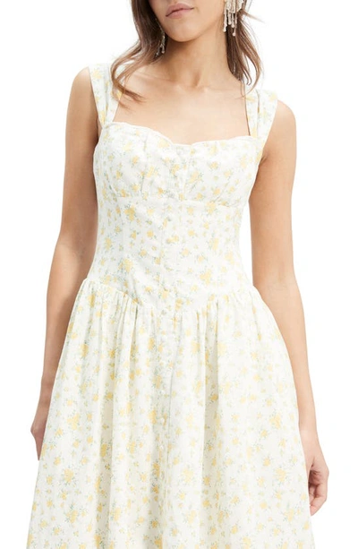 Shop Bardot Malea Floral Print Sleeveless Linen Blend Midi Dress In Yellow Floral