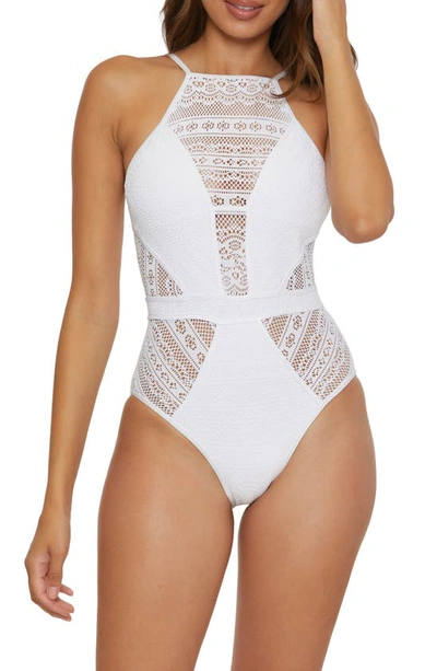 Shop Becca Colorplay Lace Overlay One-piece Swimsuit In White