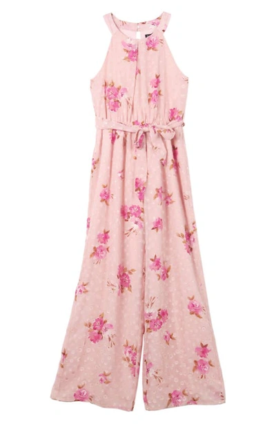 Shop Zunie Kids' Floral Clip Dot Chiffon Jumpsuit In Blush Print