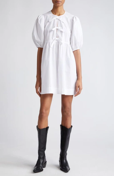 Shop Ganni Bow Front Puff Sleeve Organic Cotton Dress In Bright White