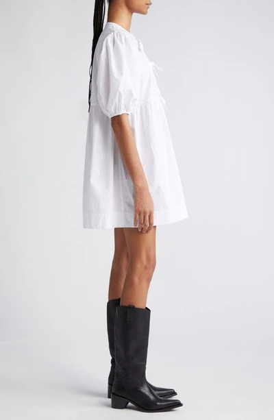 Shop Ganni Bow Front Puff Sleeve Organic Cotton Dress In Bright White