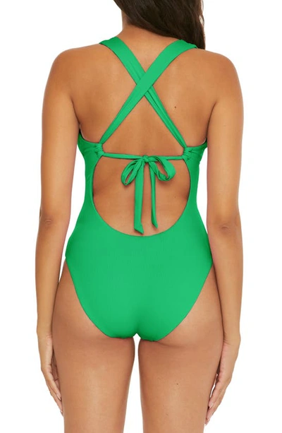 Shop Becca Modern Edge Ribbed Lace-up Plunge One-piece Swimsuit In Verde
