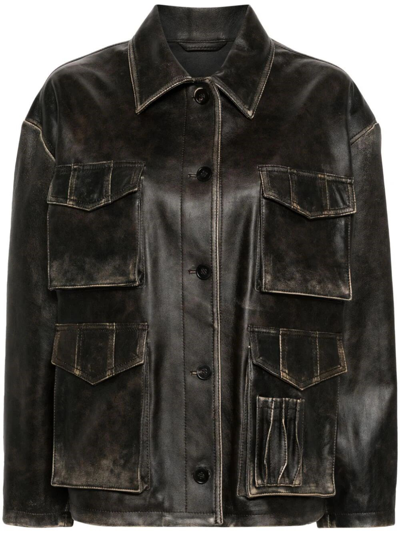 Shop Golden Goose Leather Jacket With Patch Pockets In Brown