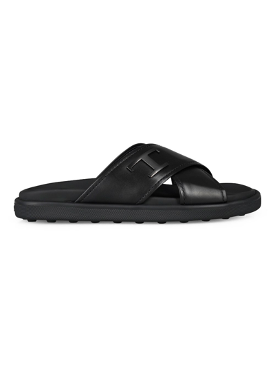 Tod's Slides Cross Strap Flat Sole Open Toe In Black
