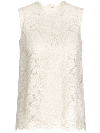 Shop Dolce & Gabbana Sleeveless Floral Lace Top In White
