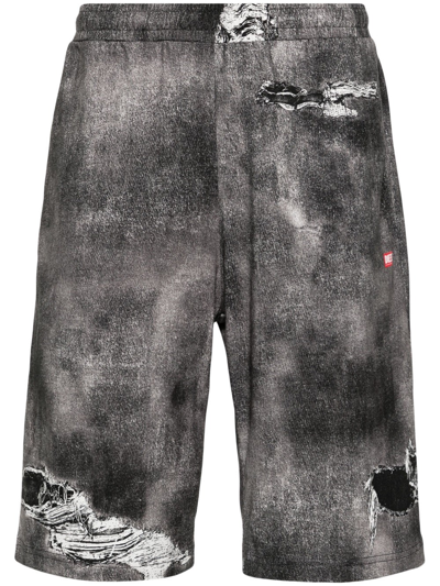 Shop Diesel Cotton Sports Shorts With Distressed Effect Print In Black