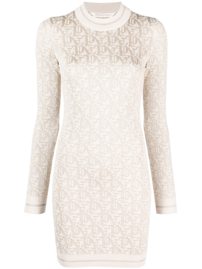 Shop Palm Angels Short Dress With Jacquard Monogram In White