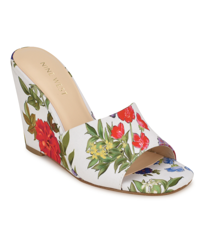 Shop Nine West Women's Niya Square Toe Slip-on Wedge Dress Sandals In White Garden Print Multi- Textile