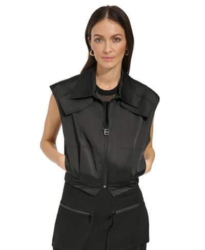 Shop Dkny Women's Zip-front Shine Satin Cargo Sleeveless Jacket In Black