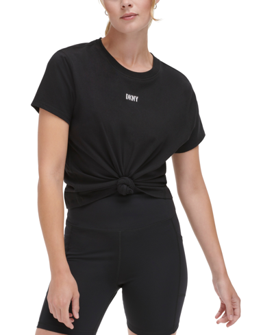 Shop Dkny Sport Women's Knot-front Metallic Logo T-shirt In Black
