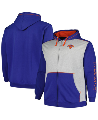 Shop Fanatics Men's  Blue, Heather Gray New York Knicks Big And Tall Contrast Pieced Stitched Full-zip Hoo In Blue,heather Gray