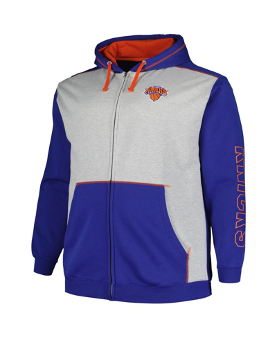 Shop Fanatics Men's  Blue, Heather Gray New York Knicks Big And Tall Contrast Pieced Stitched Full-zip Hoo In Blue,heather Gray