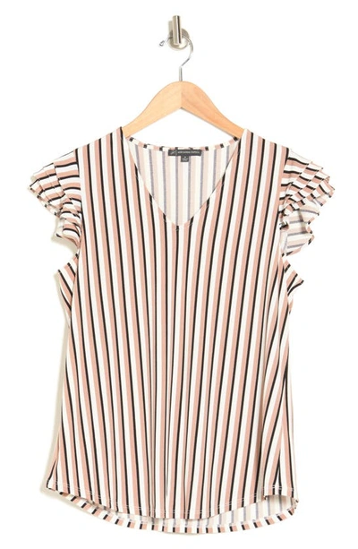 Shop Adrianna Papell Ruffle Sleeve V-neck Top In Cocoa/ Ivory Triple Stripe