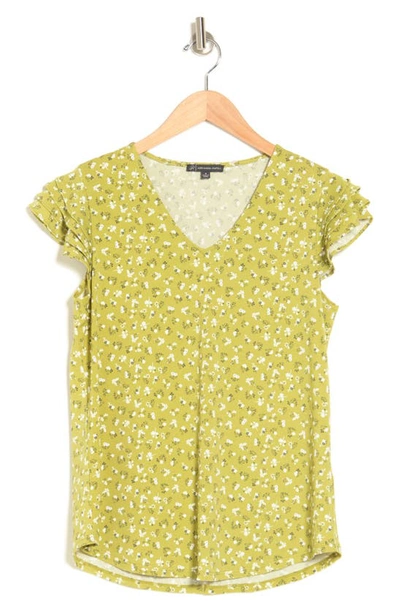 Shop Adrianna Papell Ruffle Sleeve V-neck Top In Lemongrass Flouncy Ditsy