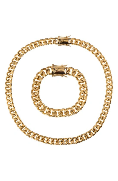 Shop Eye Candy Los Angeles Romeo Titanium Curb Chain Necklace & Bracelet Set In Gold