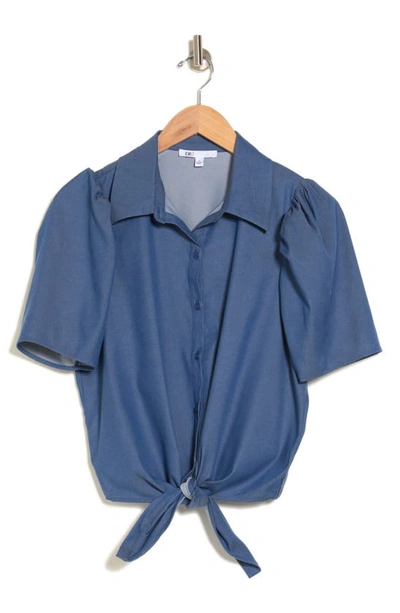 Shop Dr2 By Daniel Rainn Puff Sleeve Button-up Shirt In Med Wash Denim