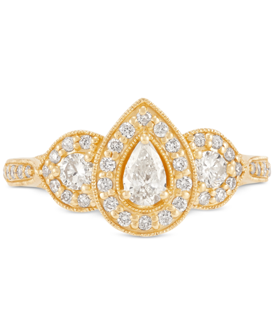 Macy's Diamond Pear-cut Halo Three Stone Beaded Engagement Ring (3/4 Ct. T.w.) In 14k Gold In Yellow Gold