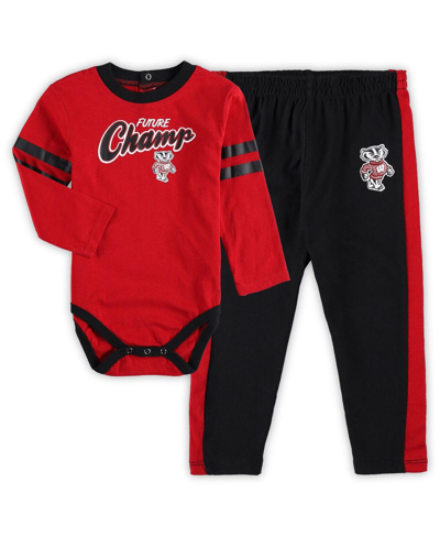 Shop Outerstuff Infant Boys And Girls Red, Black Wisconsin Badgers Little Kicker Long Sleeve Bodysuit And Sweatpants In Red,black