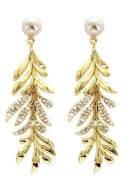 Shop Panacea Cultured Freshwater Pearl & Cubic Zirconia Leaf Drop Earrings In Gold