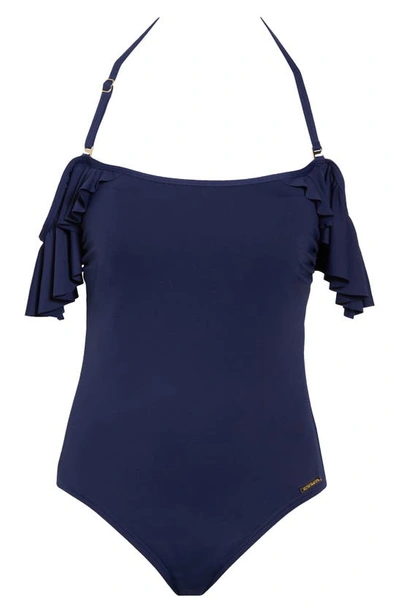 Shop Vince Camuto Off The Shoulder Ruffle One-piece Swimsuit In Deep Sea