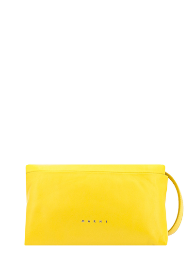 Shop Marni Padded Leather Shoulder Bag With Logo Print In Yellow