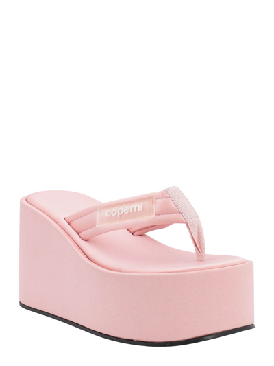 Coperni 105mm Branded Satin Wedge Thong Sandals In Nude & Neutrals