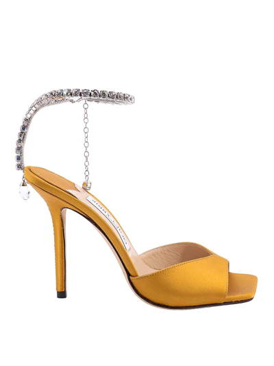 Shop Jimmy Choo Satin Sandals With Rhinestone Detail In Yellow