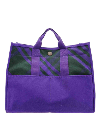 Shop Burberry Canvas Shoulder Bag With Check Motif In Purple