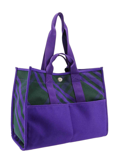 Shop Burberry Canvas Shoulder Bag With Check Motif In Purple