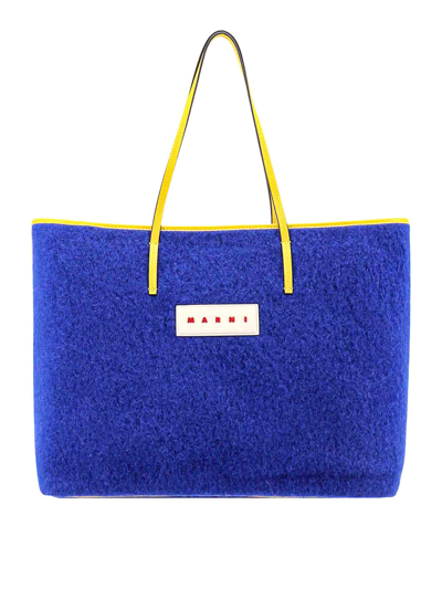 Shop Marni Wool Shoulder Bag With Logo Patch In Blue