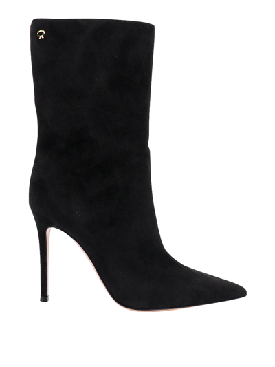 Shop Gianvito Rossi Suede Boots With Metal Logo On The Side In Black