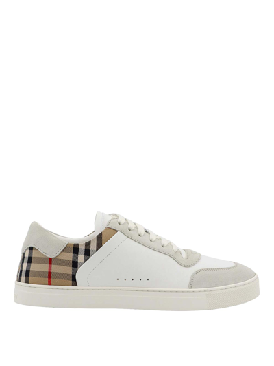 Burberry Men Stevie Leather And Check Canvas Sneakers In White