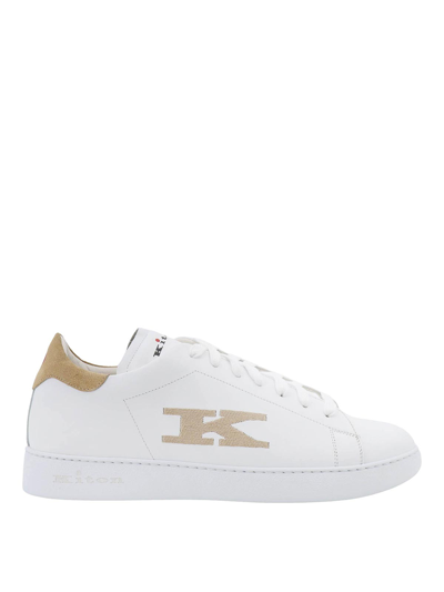 Shop Kiton Leather Sneakers With Embroidered Monogram In White