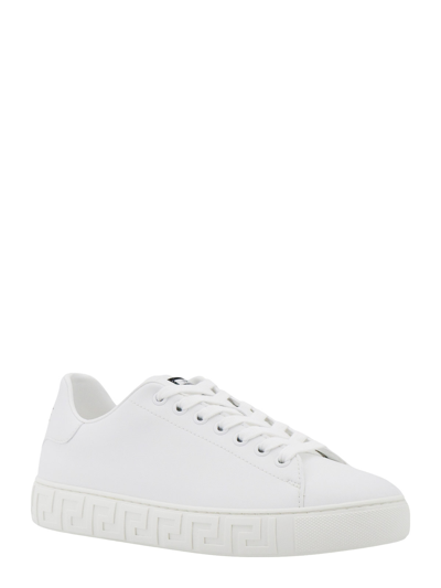 Shop Versace Leather Sneakers With La Greca Motif In White