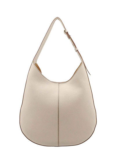 Shop Tod's Leather Shoulder Bag With Frontal Logo Patch In Beige