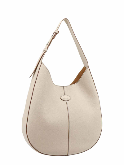Shop Tod's Leather Shoulder Bag With Frontal Logo Patch In Beige