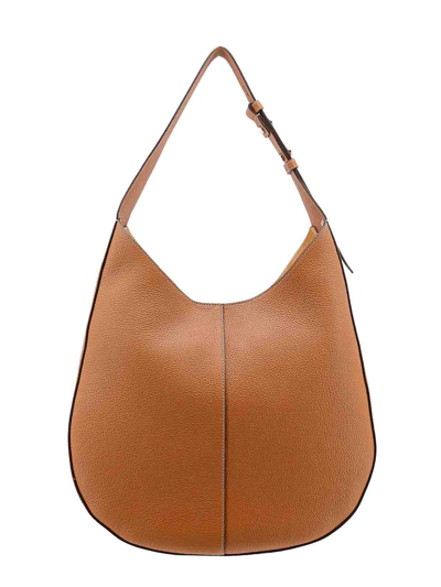 Shop Tod's Leather Shoulder Bag With Frontal Logo Patch In Brown