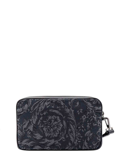 Shop Versace Jacquard Barocco Pouch With Leather Details In Black