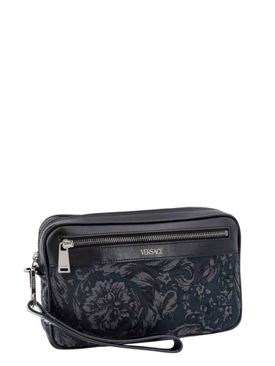 Shop Versace Jacquard Barocco Pouch With Leather Details In Black