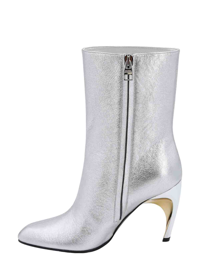 Alexander Mcqueen Women Laminated Leather Ankle Boots In Silver