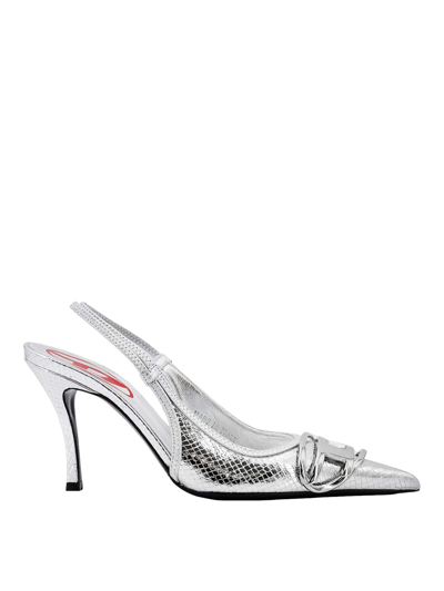 Shop Diesel Leather Slingback With Croco Print In Silver
