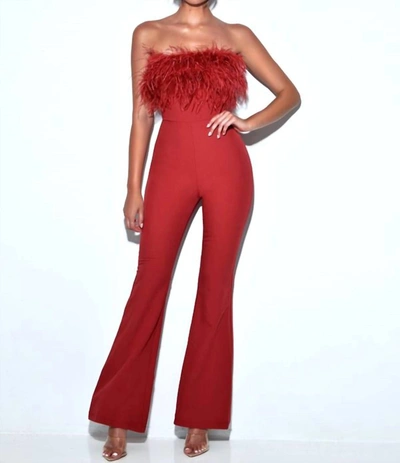 Miss Circle Feather Jumpsuit In Red In Red