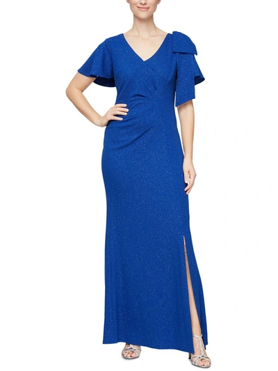 Shop Slny Womens Pleated Bow Evening Dress In Blue