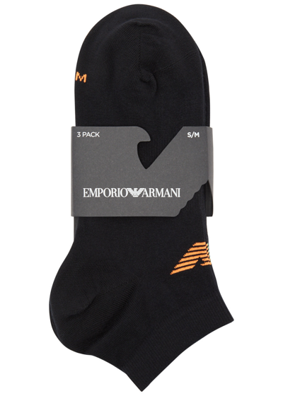 Shop Emporio Armani Logo-intarsia Cotton-blend Sneaker Socks In Black And Silver
