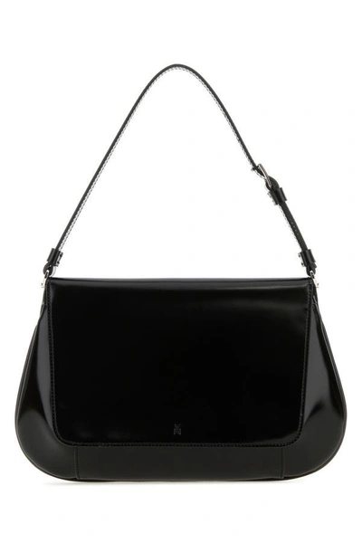 Amina Muaddi Leather Handbag With Curved Base And Reptile Motif Embossing In Black